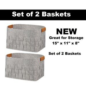Set of 2 Woven felt Baskets Light Gray Storage Closet Organization Bins Bundle
